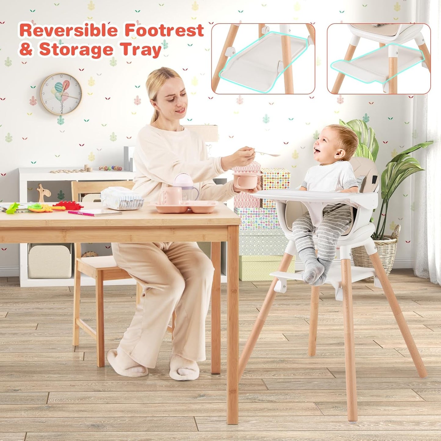 HONEY JOY Baby High Chair, 6 in 1 Convertible Wooden Highchair for Babies and Toddlers/Chair/Bar Stool, Removable Double Tray & Reversible Footrest, Safety Harness for Infant Boys Girls (Beige)