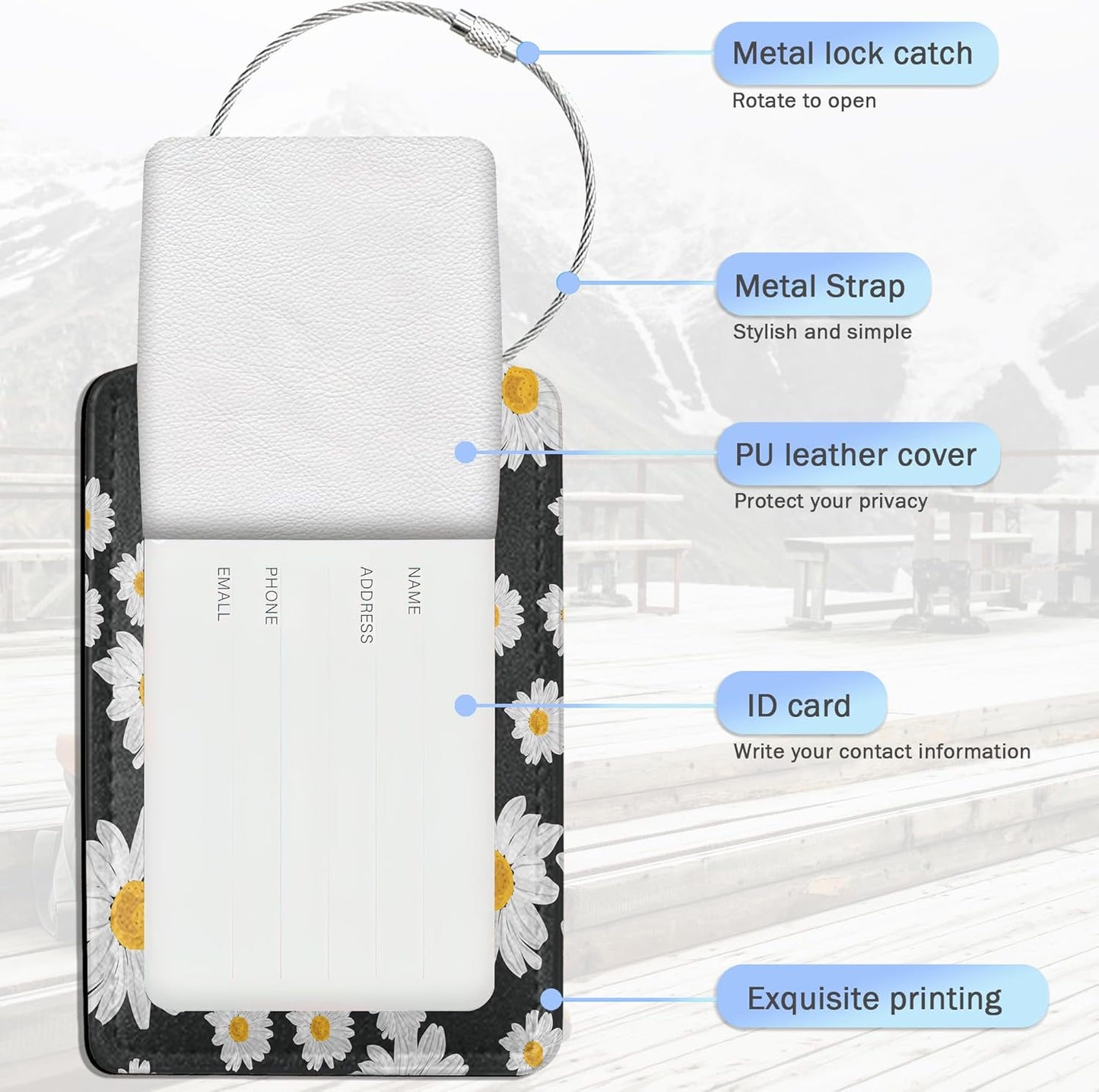 Daisies Luggage Tags,2 Pack Luggage Tag,Leather Privacy Cover ID Label with Stainless Steel Loop for Women Men Kids Girls Travel