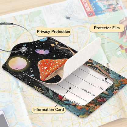 3 PCS Mushroom Luggage Tags,Colorful Butterfly Moon Star Suitcase Tags Privacy Cover ID Label with Stainless Steel Loop and Address Card for Travel Bag Suitcase
