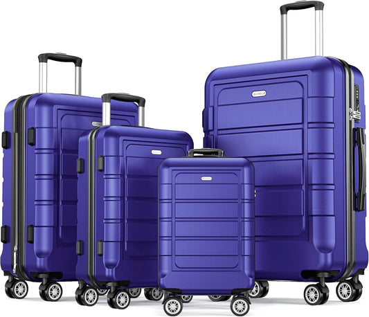 SHOWKOO Luggage Sets Expandable PC+ABS Durable Suitcase Sets Double Wheels TSA Lock 4 Piece Luggage Set Royal Blue