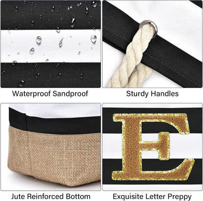 Becokan Beach Bag Initial Beach Tote with Makeup Bag for Travel Work Storage Personalized Birthday Gifts for Women Her