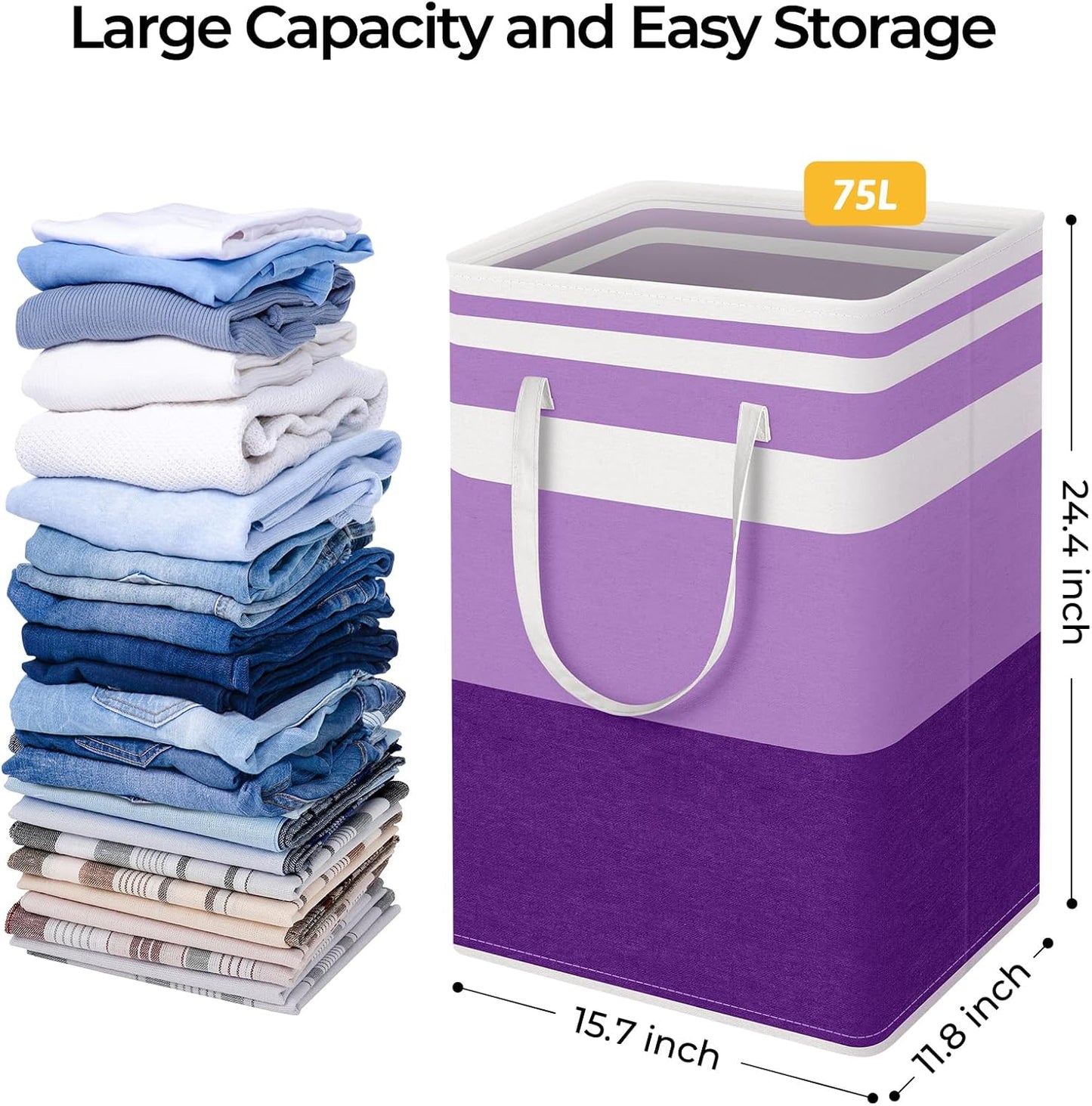 HomeHacks 2 Pack Large Laundry Baskets, Waterproof, Freestanding Laundry Hampers, Collapsible Clothes Hamper with Reinforced Handles in Laundry, College Dorm, Bathroom, Bedroom (Purple, 75Lx2)