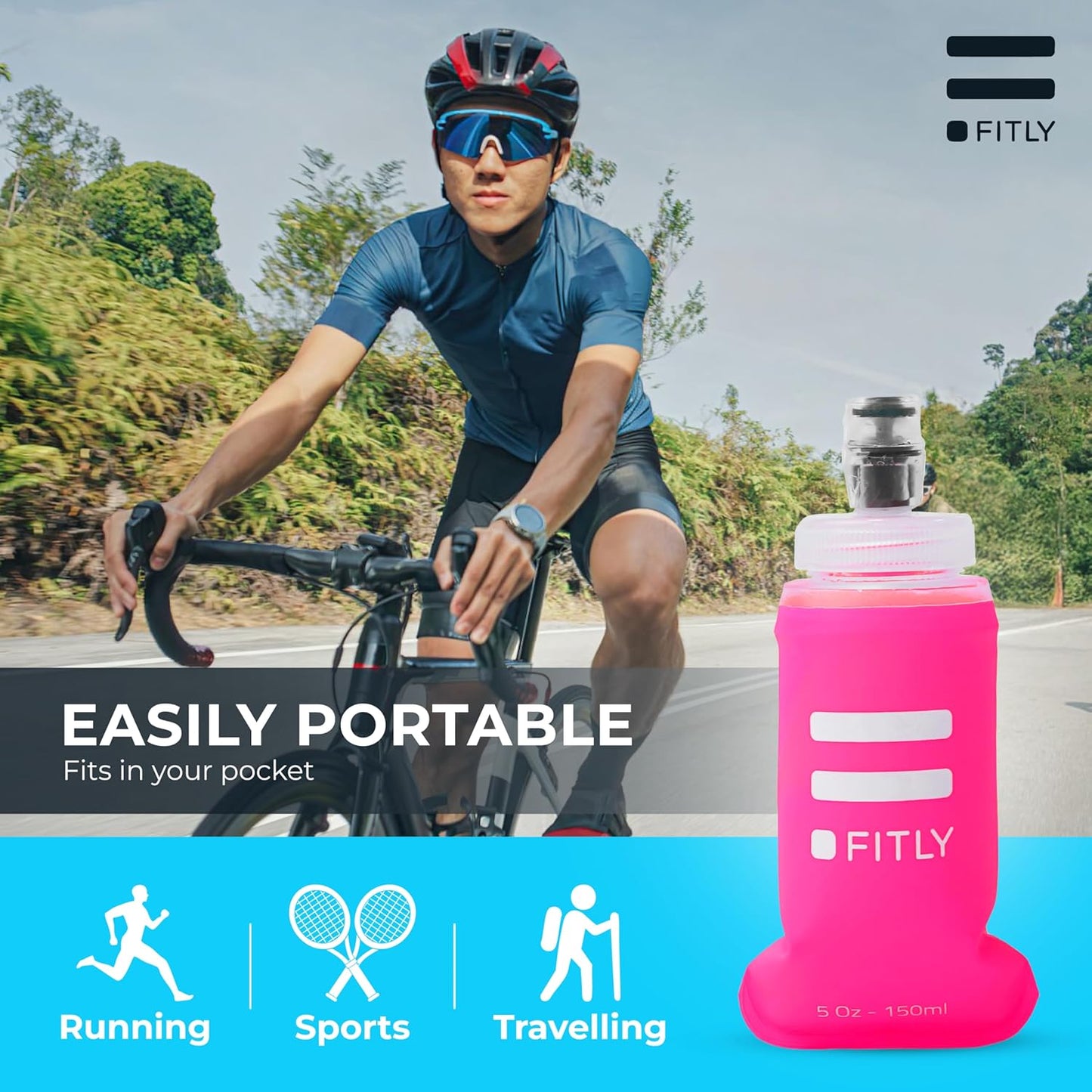 FITLY Soft Flask - Shrink As You Drink Soft Water Bottle for Hydration Pack - Folding Water Bottle Ideal for Running, Hiking, Cycling, Climbing & Rigorous Activity