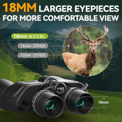 12-36X50 High Powered Zoom Binoculars for Adults - Wozel HD Professional Binoculars with Large Vision - Waterproof Binocular with Low Light for Bird Watching Travel Hunting Sports Cruise Outdoor