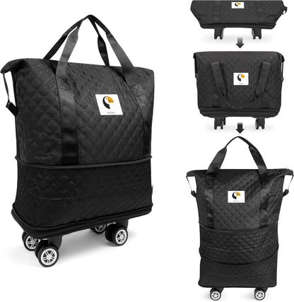 ISOKE Foldable Travel Duffel Bag - TSA Approved - With Wheels & Shoe Compartment - Weekender Bags for Women - Carry On Overnight Bag - Black - 16"×10"×24"