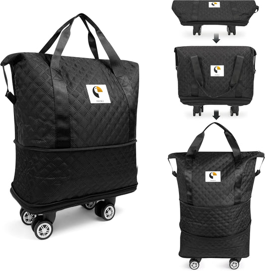 ISOKE Foldable Travel Duffel Bag - TSA Approved - With Wheels & Shoe Compartment - Weekender Bags for Women - Carry On Overnight Bag - Black - 16"×10"×24"