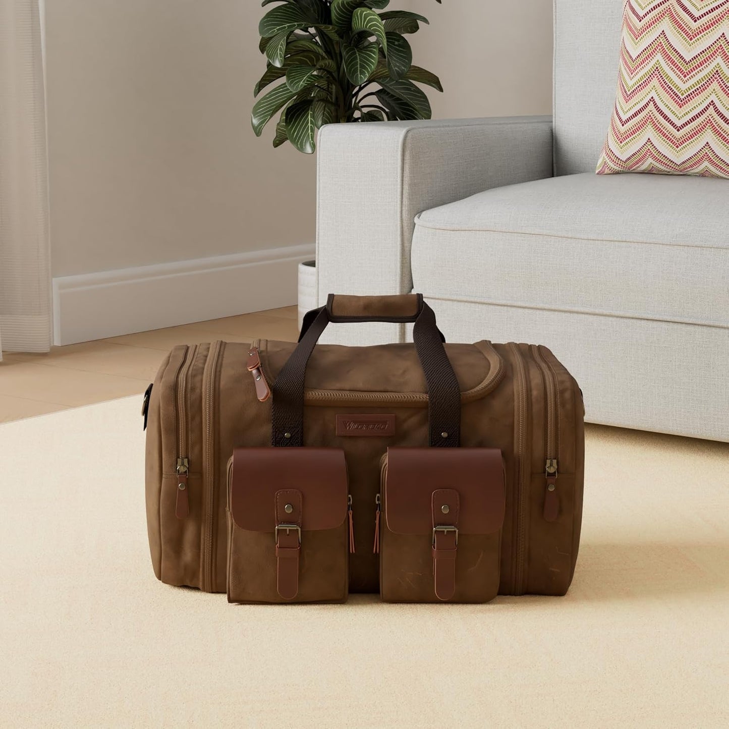 Wildroad Waxed Canvas Genuine Leather 50L Waterproof Duffle Bag - Vintage Travel Weekender Overnight Carry On