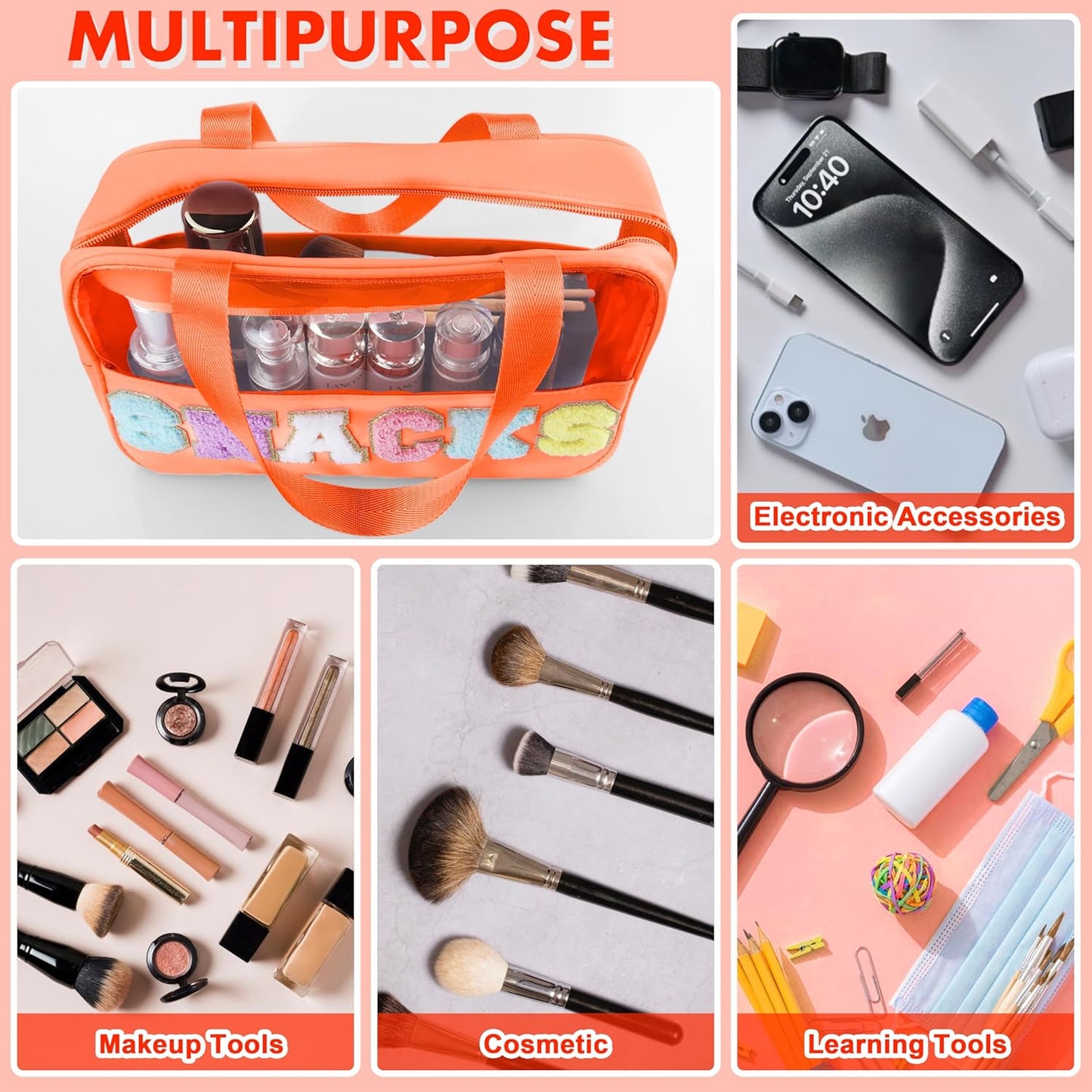 Snack Bag for Travel - Chenille Letter Clear Makeup Bag, Large Preppy Patch Snack Cosmetic Bag with Handle and Zipper, Cute Makeup Pouch Nylon&PVC Waterproof Toiletry Organizer Storage for Women Girls