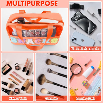 Snack Bag for Travel - Chenille Letter Clear Makeup Bag, Large Preppy Patch Snack Cosmetic Bag with Handle and Zipper, Cute Makeup Pouch Nylon&PVC Waterproof Toiletry Organizer Storage for Women Girls