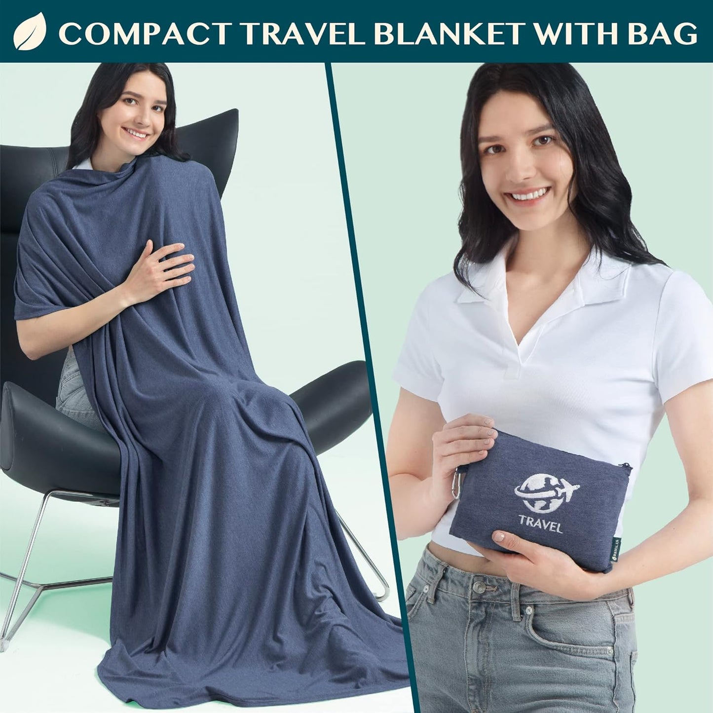 PAVILIA Travel Blanket Compact, Airplane Packable Bag, Soft Fleece Portable Throw Pillow Combo Set, Plane Flight Car Trips Essentials Gift Accessories, Luggage Backpack Clip, Navy Blue, 65 x 40 inch