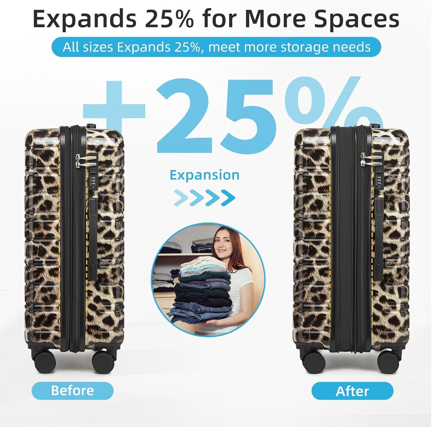 LARVENDER Luggage Sets 5 Piece Hardside Expandable Suitcase with Wheels Lock,PC+ABS Hardside Lightweight Rolling Suitcase for Women and Men,Cheetah