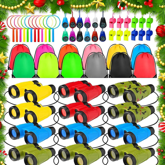 12 Set Binocular Compass Magnifying Glass Set Christmas Birthday Gift Small Telescope Binocular with Whistle Bag for Outdoor Exploring Stocking Stuffer(Colorful,Camouflage)