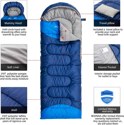 BISINNA Sleeping Bag with Pillow - 4 Season Backpacking Sleeping Bag Lightweight Waterproof Warm and Washable for Adults, Kids, Women, Men's Outdoors Camping, Hiking, Mountaineering
