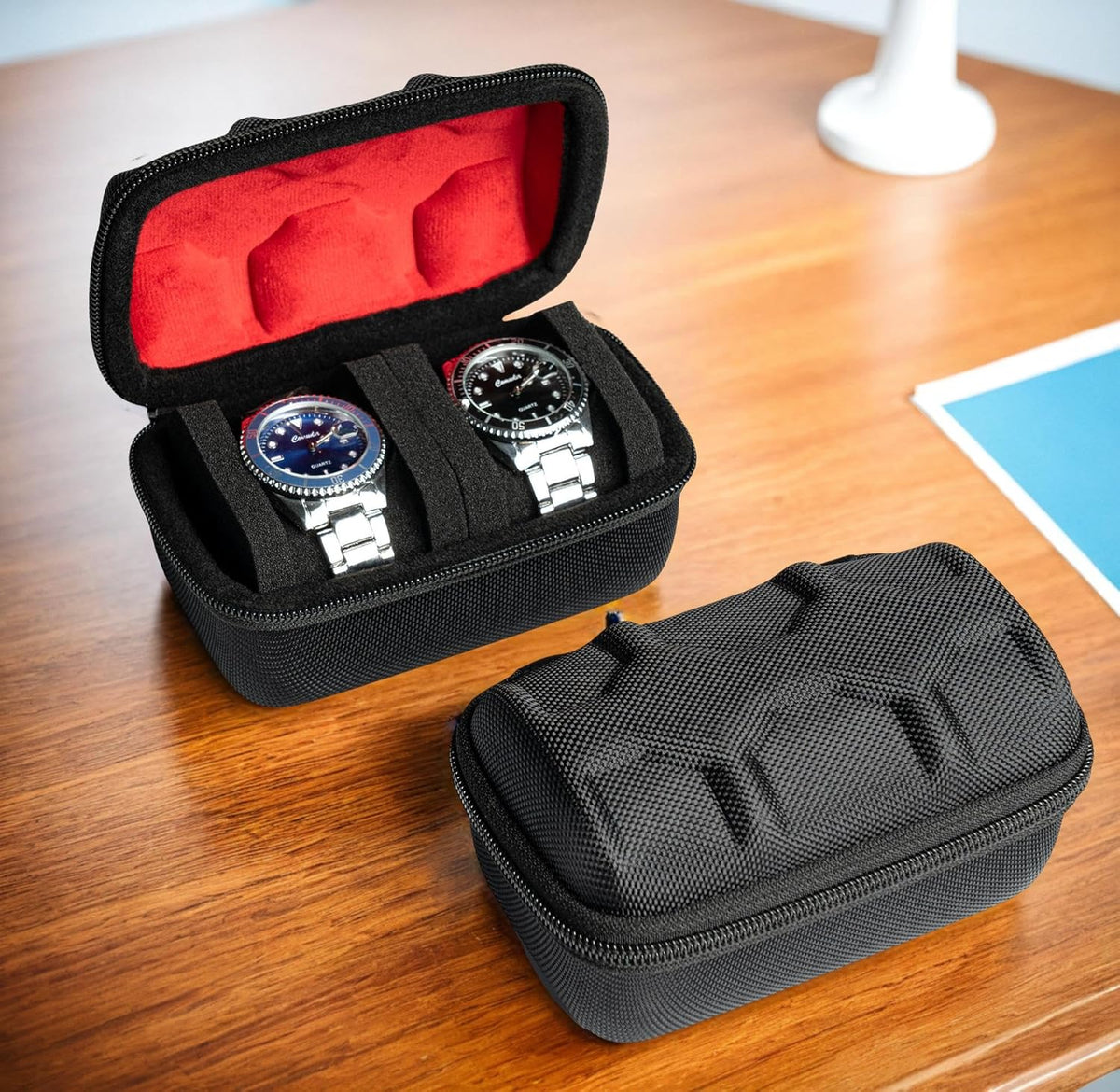 Hard Compact Watch Roll travel case, 2 Slots Portable holder and Organizer with Soft Pillow, keep watch from moving Deluxe red Lining (fit up to 55 mm)