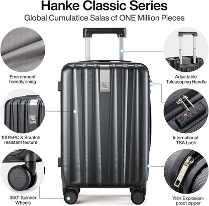 Hanke 20 Inch Carry On Luggage 22x14x9 Airline Approved Lightweight PC Hard Shell Suitcases with Wheels Travel Luggage Rolling Suitcase Travel Luggage Bag for Weekender(Jet Black)