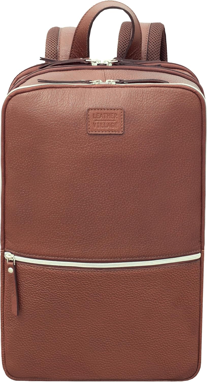LEATHER VILLAGE Leather Laptop Backpack for Men |Brown | Slim Professional Business Bag Fits 15.6”-Laptop | Water-Repellent Work & Travel Daypack with Trolley Strap