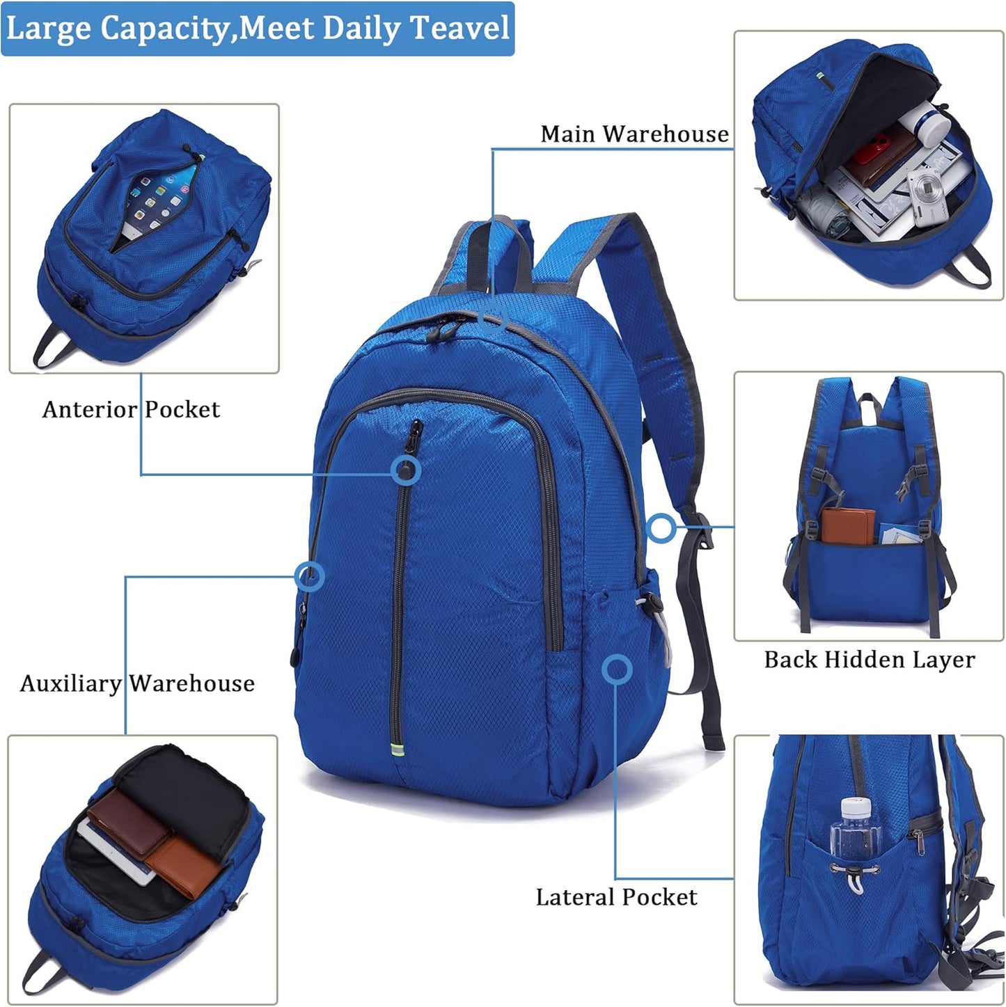 YZAOLL 25L Lightweight Packable Hiking Backpack Waterproof Hiking Daypack for Women Men Gym Backpack Travel Camping VacationDarkBlue