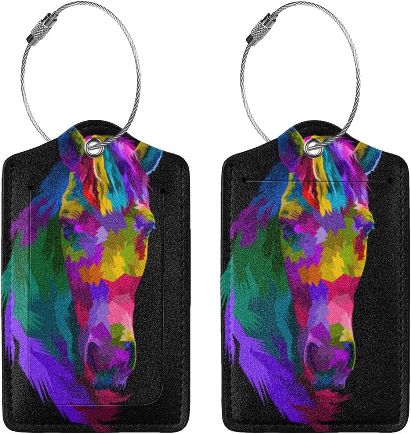 Colorful Rainbow Horse Luggage Tag with Full Back Privacy Name ID Card Suitcase Labels Identifiers PU Leather Baggage Tags Luggage for Women Men Kids Girls Travel