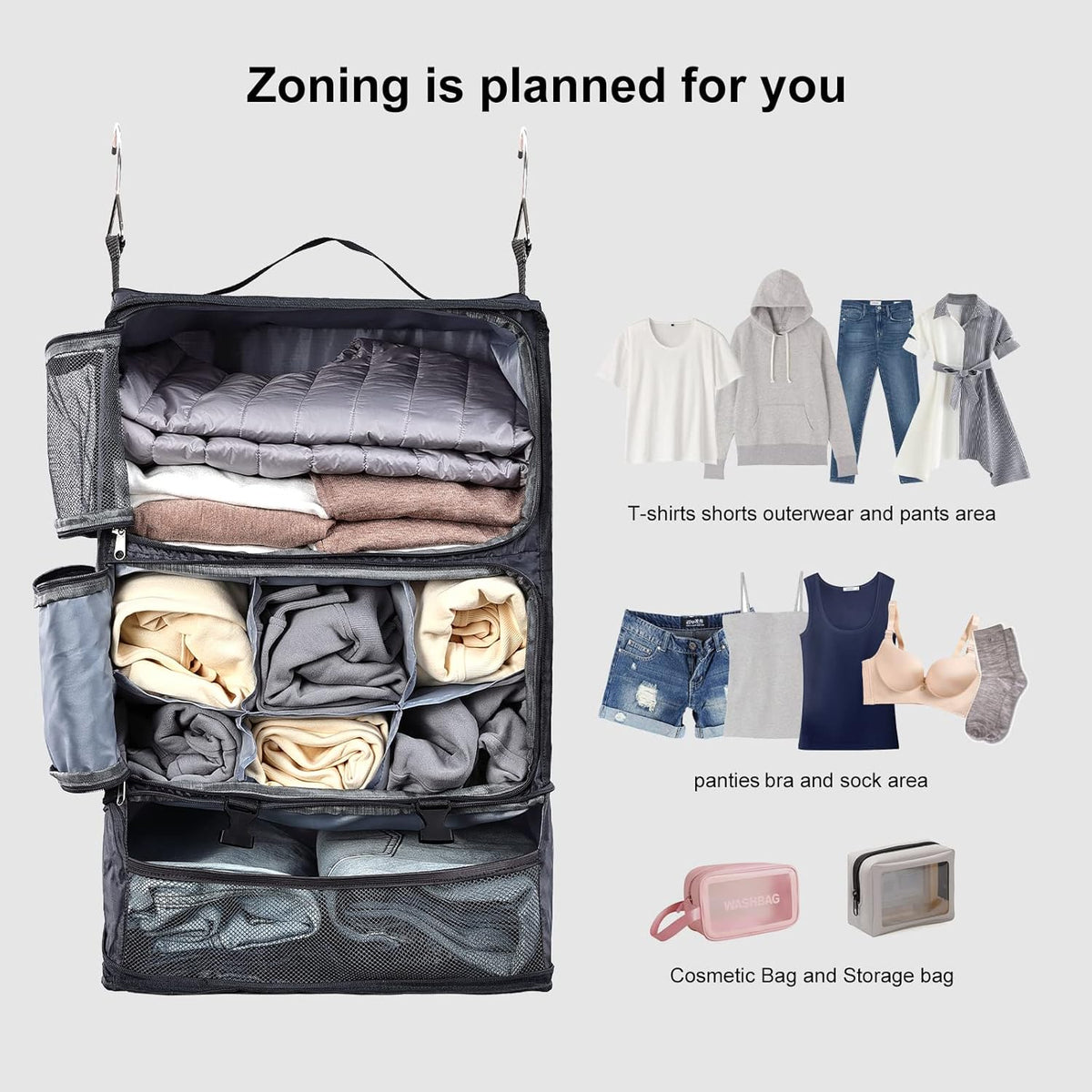 TABITORA Travel Portable Hanging Shelves Closet Organizer Packing Luggage Storage with Multifunctional and Foldable Invisible Compartment,Lightweight, for Suitcase, RV,Closet…Grey,XL