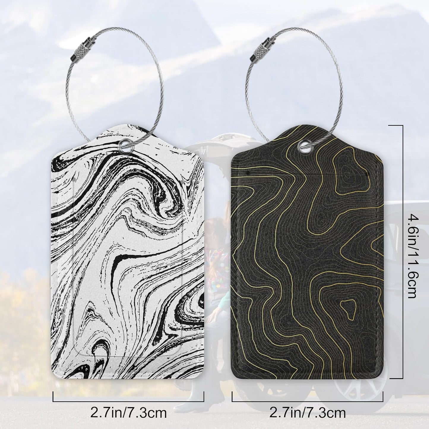 Set of 2 Topographic, Gold Contour Map Luggage Tags for Suitcases, Leather Suitcase Tag Name Identifiers Labels for Travel Bag Baggage Backpack