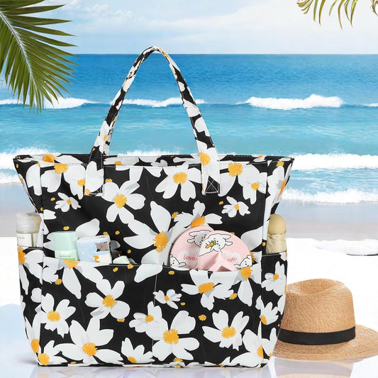 LEDAOU Beach Bag Waterproof Sandproof Women Tote Bag Pool Bag with Zipper for Gym Grocery Travel with Wet Pocket