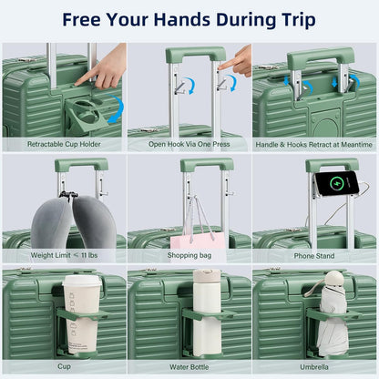 Hard Shell Suitcases Travel Expandable Luggage, 24 Inch Check in Luggage with Spinner Wheels Cup Holder Charger Built in, Checked Medium Suitcase Lightweight Suitcases, Forest Green