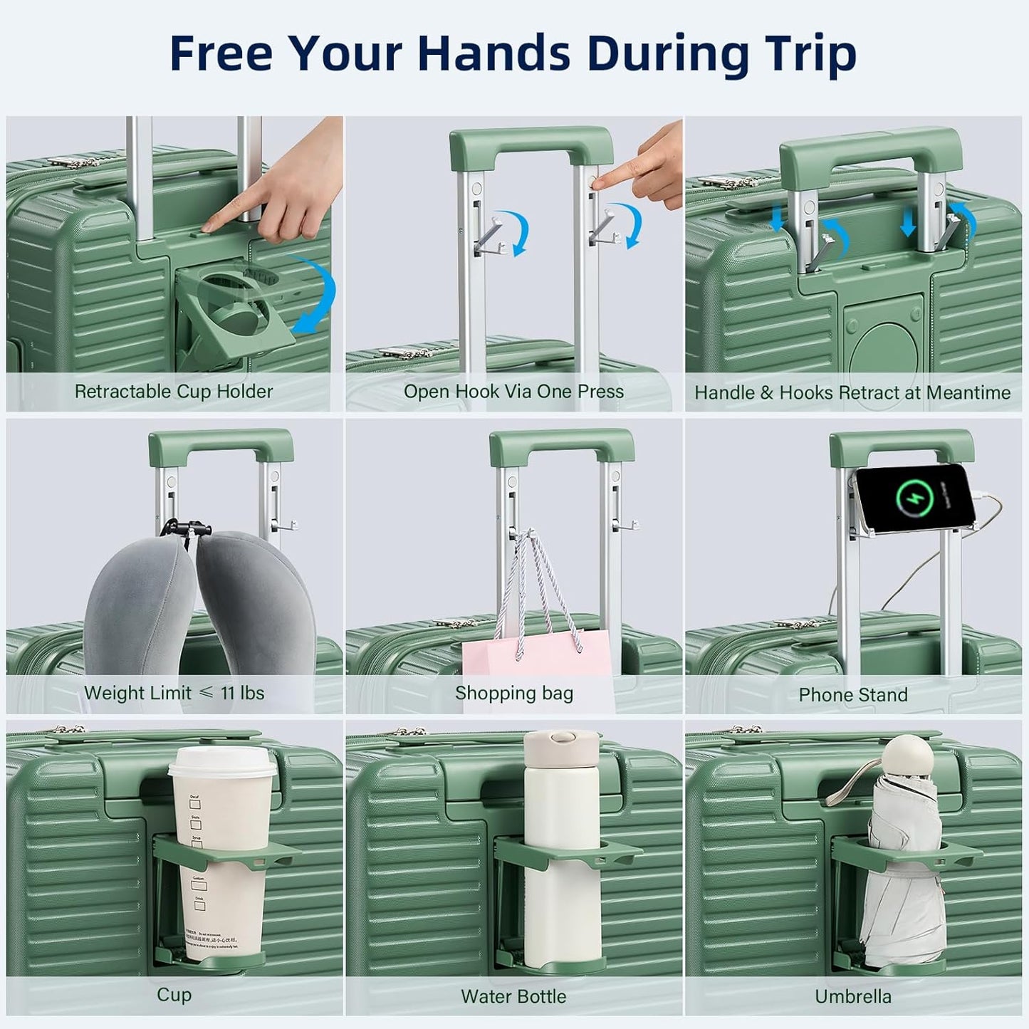 Hard Shell Suitcases Airline Approved 20 Inch Carry on Luggage, Expandable Travel Luggage with Cup Holder Charger Built in, Small Lightweight Suitcases with Wheels, Forest Green