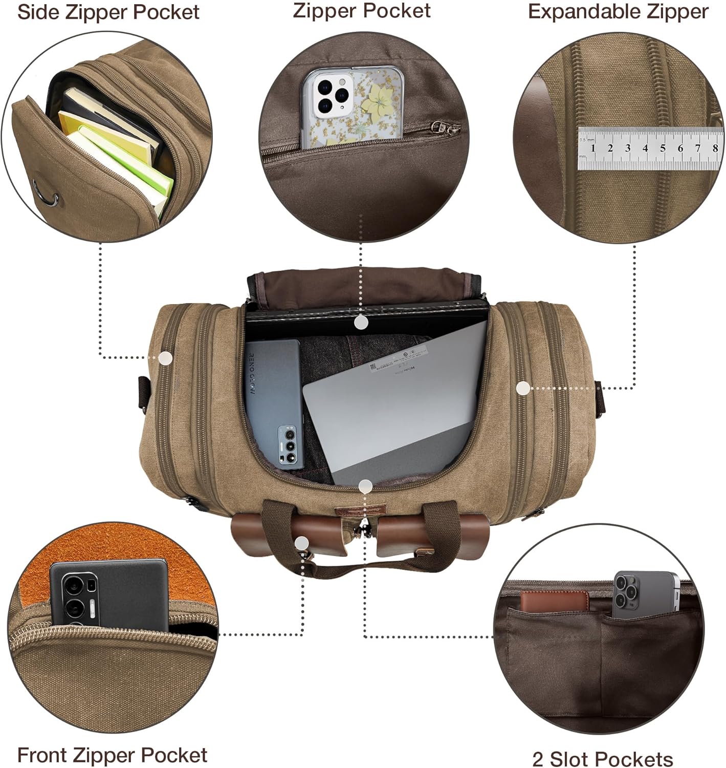 Wildroad 60L Travel Duffel Bag, Expandable Canvas Genuine Leather Duffle Bag Upgraded Overnight Weekender Bag Carry on Bag (Coffee, X Large-60L)