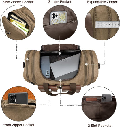 Wildroad 60L Travel Duffel Bag, Expandable Canvas Genuine Leather Duffle Bag Upgraded Overnight Weekender Bag Carry on Bag (Coffee, X Large-60L)