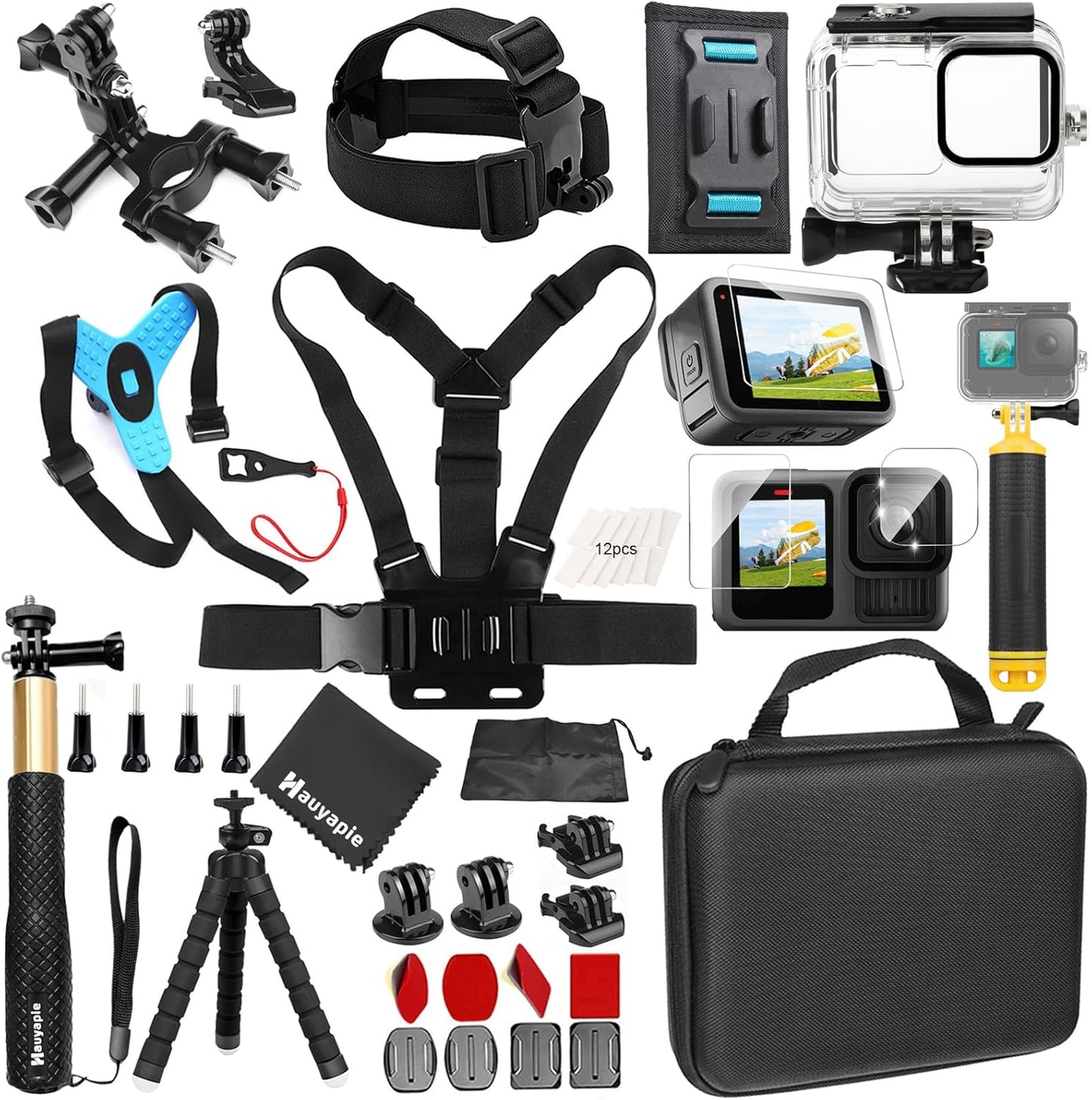 Accessories Kit for Go Pro 13 12 11 10 9 Black, 60M Waterproof Case Chest Mount Kits Glass Screen Protector Bundle Pack for Gopro Hero13 12 11 10 9 Camera