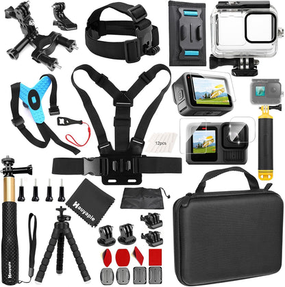 Accessories Kit for Go Pro 13 12 11 10 9 Black, 60M Waterproof Case Chest Mount Kits Glass Screen Protector Bundle Pack for Gopro Hero13 12 11 10 9 Camera