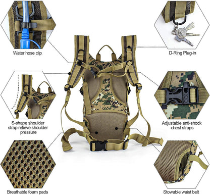 Tactical Hydration Backpack 2L Water Bladder - Lightweight Durable Pack for Hiking, Running, Outdoor Adventures, Adjustable Straps & Leak-Proof Design