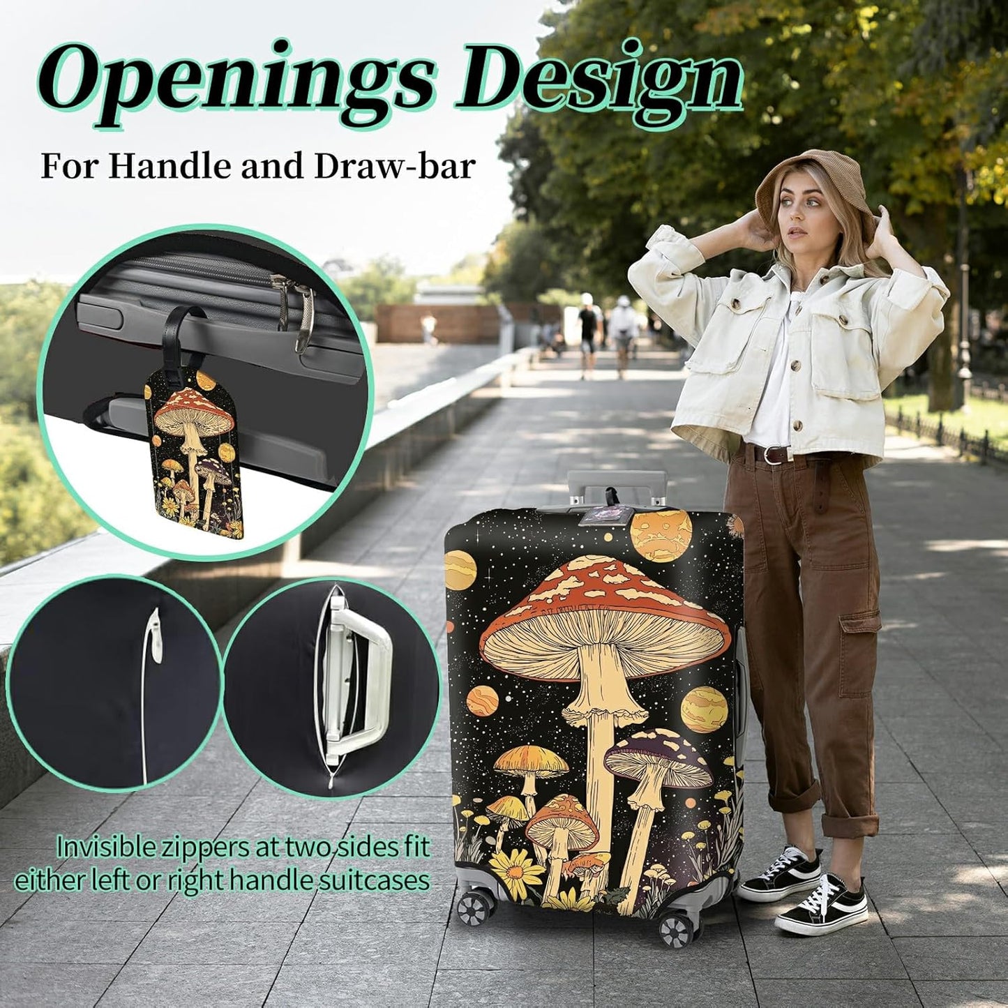 Luggage Cover + Tag, Mushrooms Travel Suitcase Protector for 22-24 inch Luggage (M) with Concealed Zipper, Washable Elastic Cloth, Dustproof, Anti-Scratch