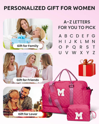 Gifts for Teen Girls 12-14, Birthday Gift-Initial Travel Bag with Shoe Compartment, Personalized Weekender Bag, Monogram Overnight Bag for Women, Letter Travel Bag with Makeup Bag (Letter M)