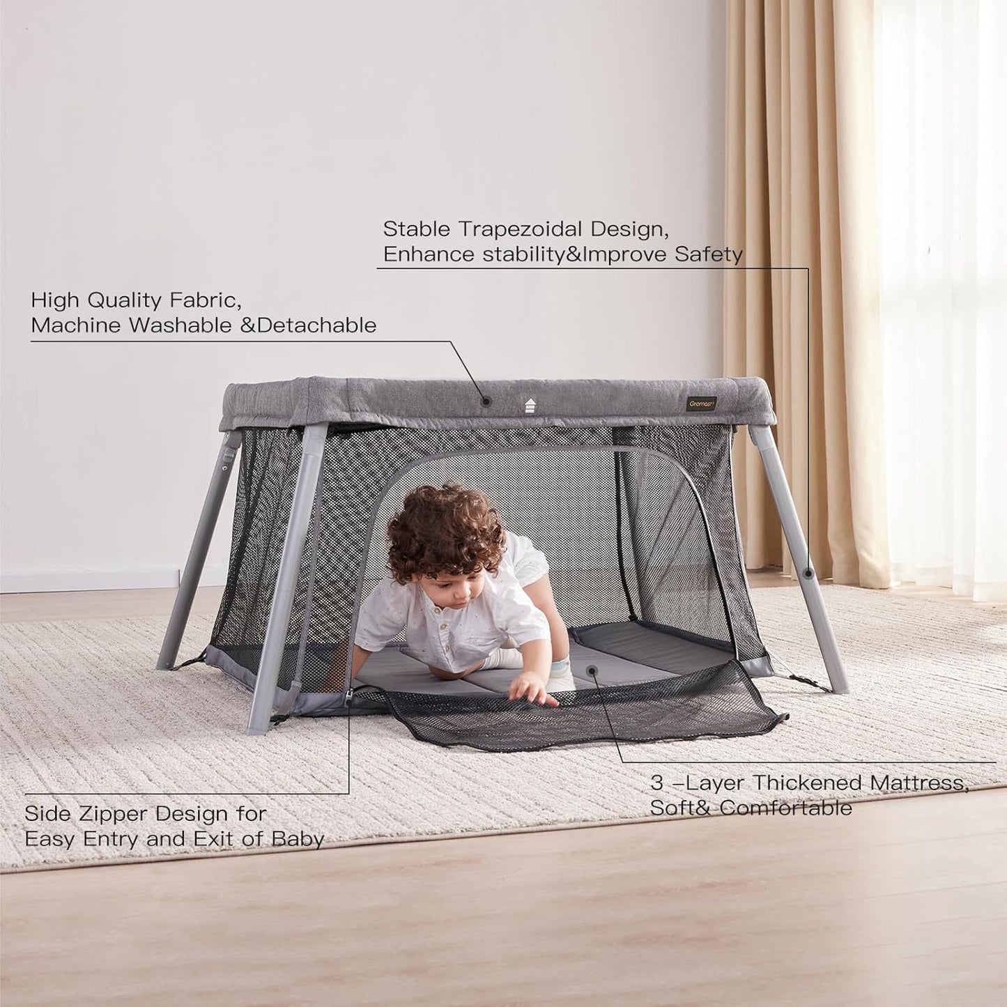 2 in 1 Portable Travel Crib for Toddler, Foldable Crib for Baby, Lightweight Playpen Collapsible Playard with Soft Mattress, Easy to Carry Baby Travel Bed for Outdoor, Indoor (Grey)