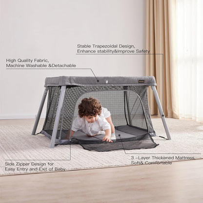 2 in 1 Portable Travel Crib for Toddler, Foldable Crib for Baby, Lightweight Playpen Collapsible Playard with Soft Mattress, Easy to Carry Baby Travel Bed for Outdoor, Indoor (Grey)