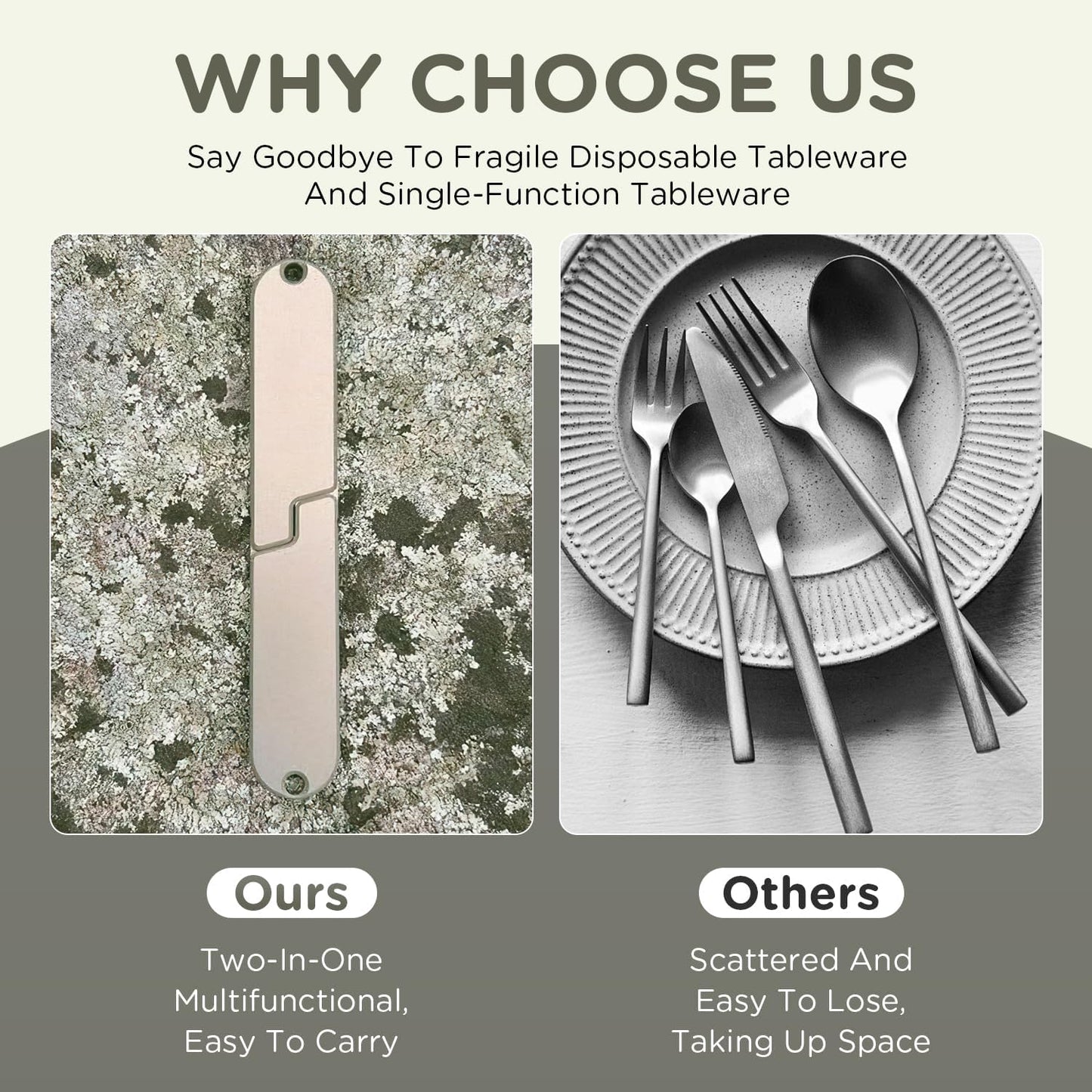 Kopak 2 in 1 Camping Eating Utensils Set,Reusable Magnetic Camping Utensils Set,Portable Detachable Pocket Combination Knife,Fork and Spoon Tool for Fishing Travel Outdoor Survival