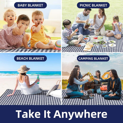 ZAZE Picnic Blankets Machine Washable, 80''x80'' Extra Large Waterproof Sandproof Foldable Compact Beach Blanket, Oversized XL Outdoor Mat for Spring Summer Camping, Park, Travel Grass(Blue and White)