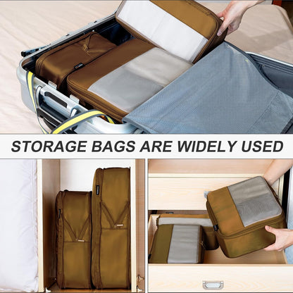 4 Set Compression Packing Cubes for Travel, Suitcases and Backpack Space Saving Organizers (Dark Brown)
