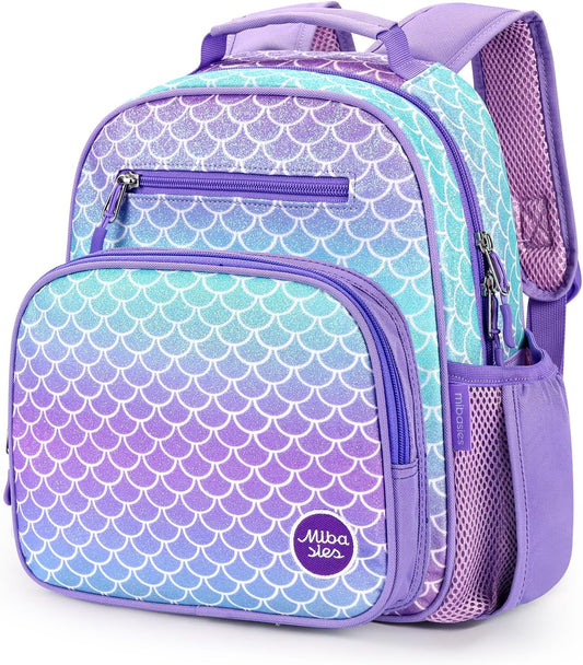 mibasies Toddler Backpack for Girls 2-4: Glitter Kids Backpacks for Girls - Preschool Kindergarten Backpack - Fish Scale Purple