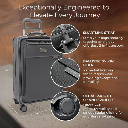 Briggs & Riley Essential 22" Carry On Expandable Spinner - Luggage for Travel, Suitcases with Wheels, Softside Rolling Bag for Men & Women, Self-Repairing Zipper - Baseline Collection, Steel Gray