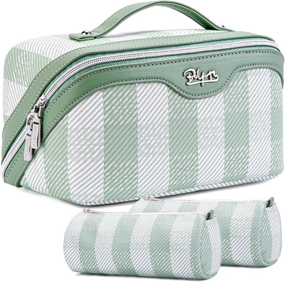 BOYATU Makeup Bag Travel Cosmetic Bag: 3 Pcs Set Portable Make up Bags for Women with Handle - Waterproof Vegan Leather Toiletry Organizer Bags with Comparments (F-02-Green)