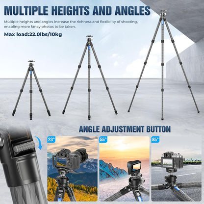 Carbon Fiber Tripod for Camera with 360° Panoramic Ball Head, 67" Compact Lightweight Travel Tripod for DSLR Video Camcorder, Max Load 10kg/22lbs