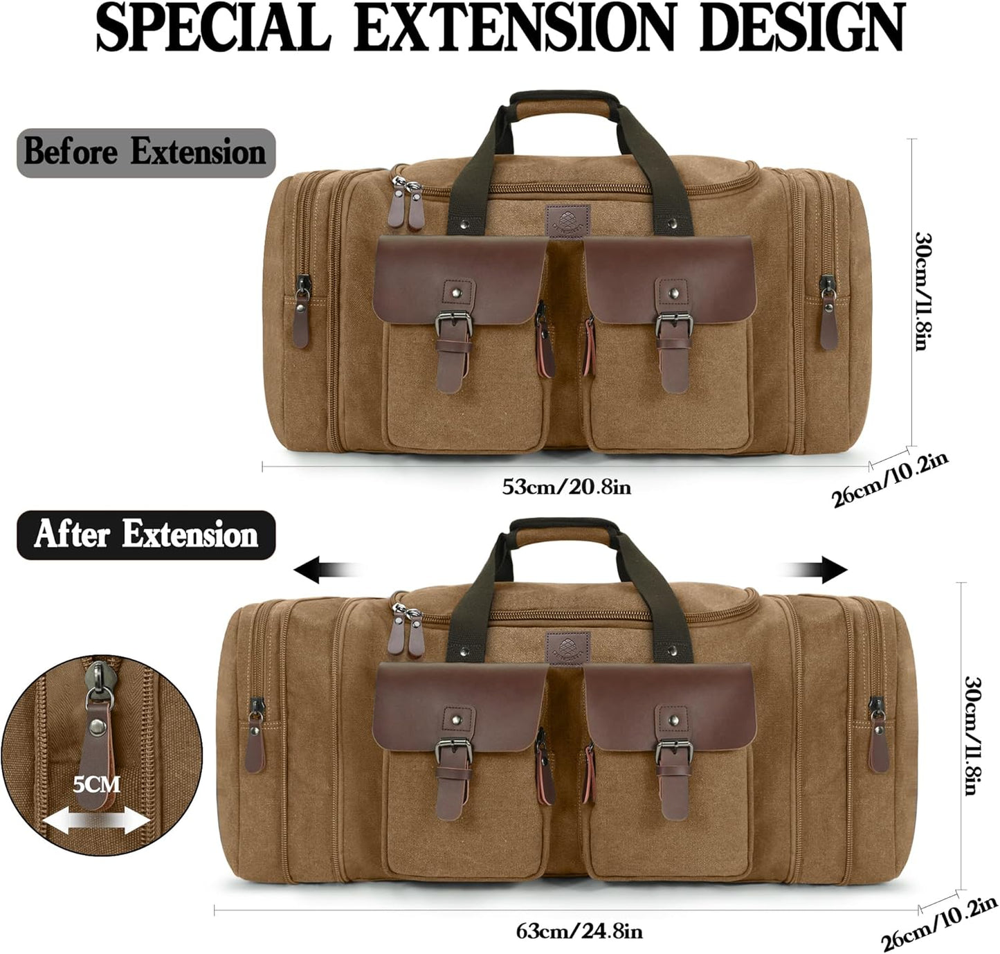 Canvas Duffle Bag for Men 50L Travel Duffel Bags Expandable Genuine Leather Duffel Overnight Weekender Carry On Bag Two Zipper Pockets Travel Bag (Coffee, Large-50L)