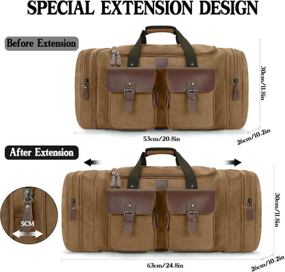 Canvas Duffle Bag for Men 50L Travel Duffel Bags Expandable Genuine Leather Duffel Overnight Weekender Carry On Bag Two Zipper Pockets Travel Bag (Coffee, Large-50L)