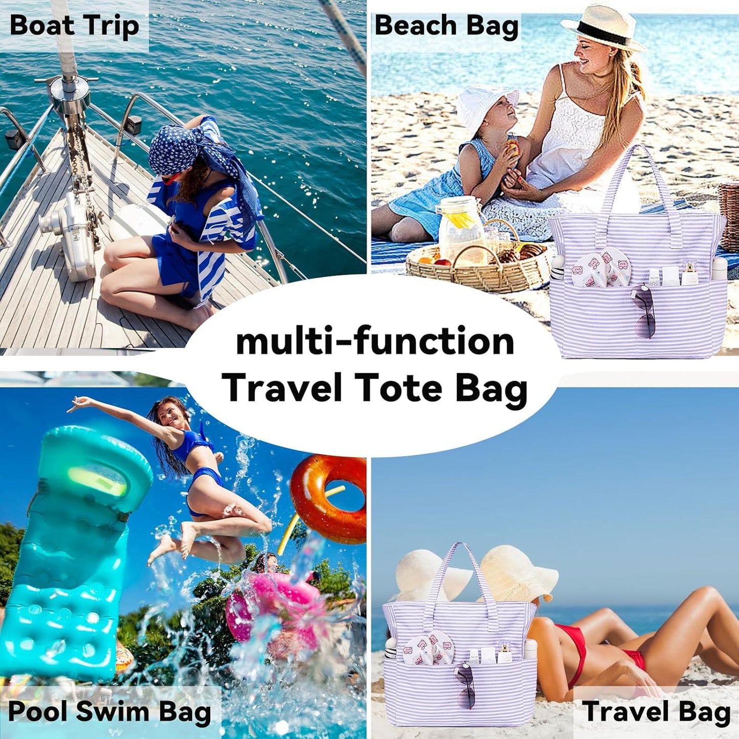 LEDAOU Beach Bag Waterproof Sandproof Women Tote Bag Pool Bag with Zipper for Gym Grocery Travel with Wet Pocket