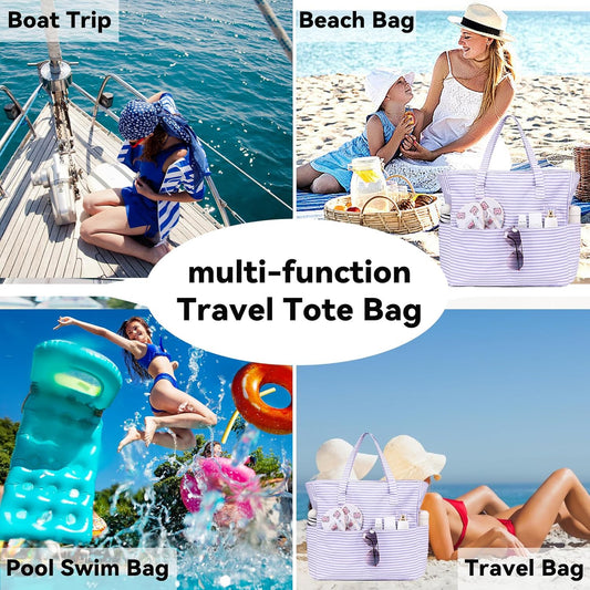 LEDAOU Beach Bag Waterproof Sandproof Women Tote Bag Pool Bag with Zipper for Gym Grocery Travel with Wet Pocket