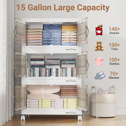 BROVIEW 300Qt Stackable Storage Bins with Lid, Extra Large Closet Organizer Collapsible Drawer Boxes with Wheels, Folding Plastic Cabinet Containers for Home Kitchen Room Organization, 5Pack White