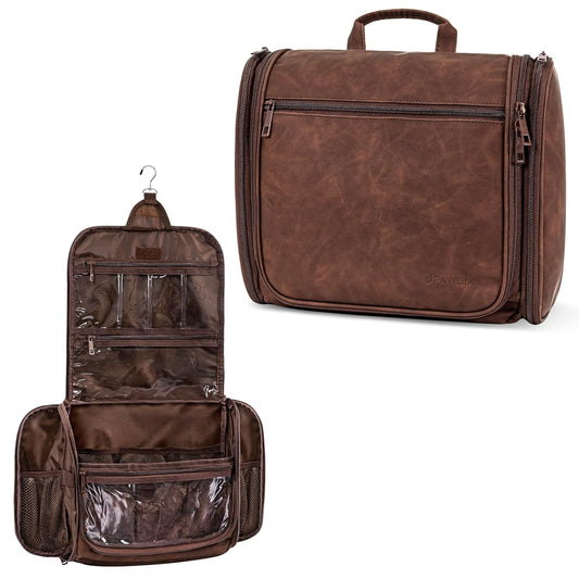 PAVILIA Large Hanging Toiletry Bag Travel Bag Women Men, PU Leather Cosmetic Organizer, Water Resistant Makeup Bag Accessories Toiletries, Travel Essentials Kit, Brown