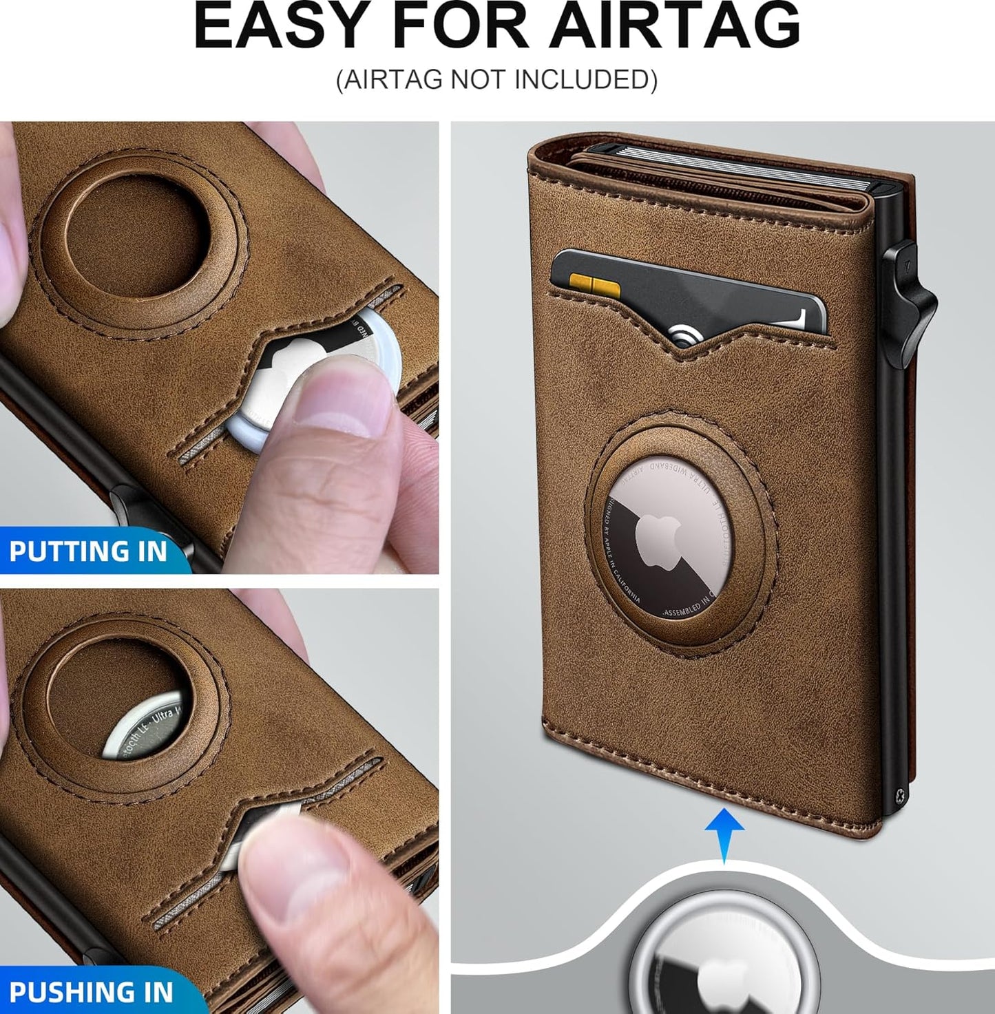 Airtag Wallet for Men,with Cash Pocket 2 ID Window 9-12 Cards,Metal Case Smart Slim Pop Up Credit Card Holder Flip with Magnetic Closure RFID Blocking Trifold wallet with Gift Box